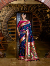 Botanical Weaving Golden Zari Worked Heavy Royal Banarasi Navy Blue Saree